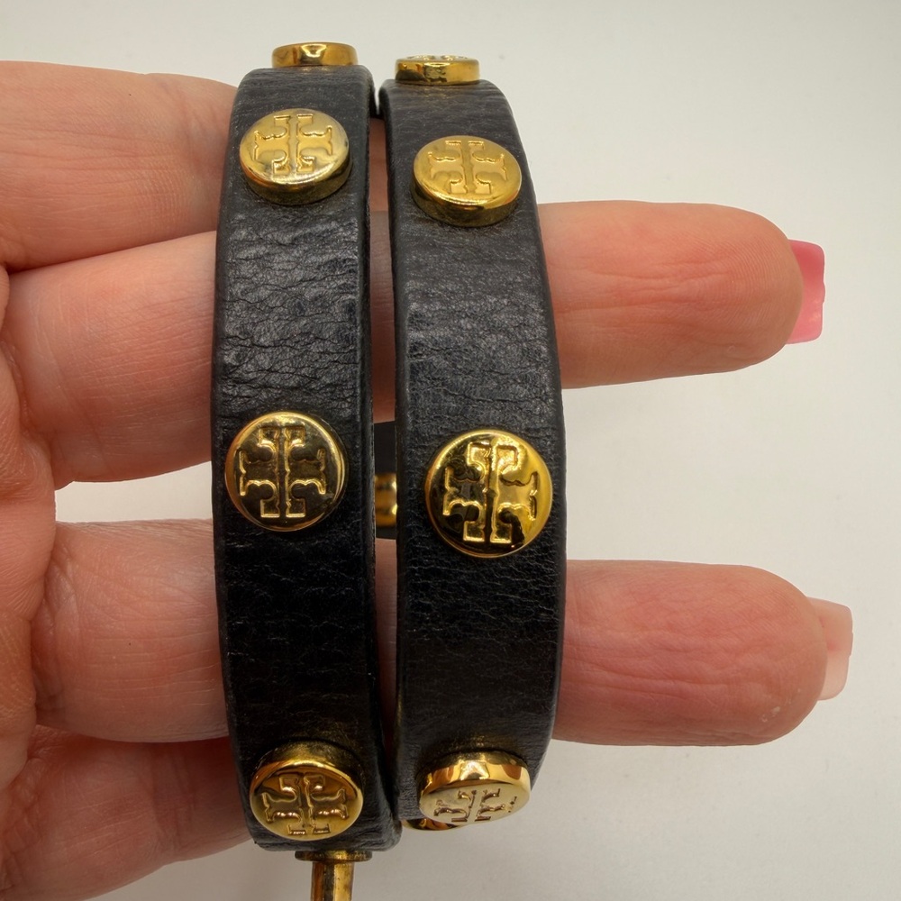 Tory Burch black leather and gold tone studded double wrap bracelet! - Picture 8 of 11